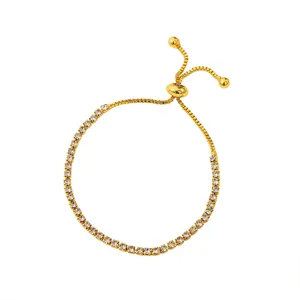 Close-up of the elegant adjustable gold tennis bracelet with sparkling square cubic zirconia stones.