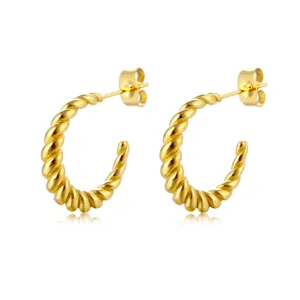 Golden stainless steel twisted rope hoop earrings, trendy C-shape geometric ear jewelry for women.