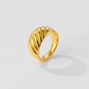 French vintage gold dome textured ring, wide metal band chic minimalist fashion jewelry.