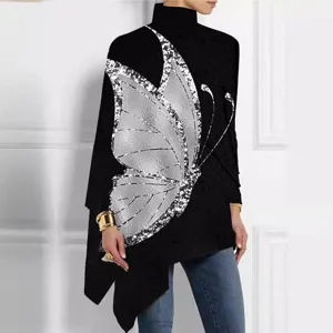 Camiseta de Navidad para Mujer Estampado 3D Manga Larga Cuello Alto Abstracto Dobladillo Irregular Top Casual Urbano