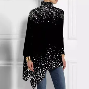 Top de cuello alto negro para mujer con estampado de lunares abstractos y dobladillo