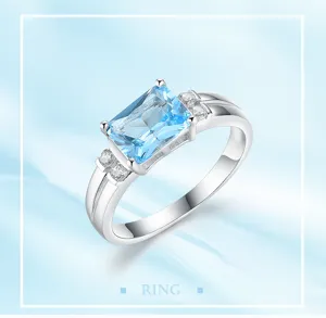 Blauer rechteckiger Hauptstein platinbeschichteter europäischer Ring mit Zirkonia.