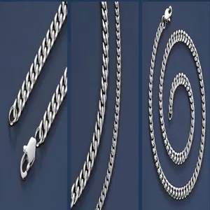 Stainless steel Cuban link chain necklace bracelet for men and women details view.