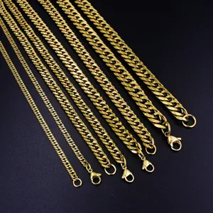 Detailed view of mens 18K gold titanium steel cuban link chains in various widths for daily wear.