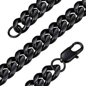 Close-up detail of black stainless steel Cuban link chain and lobster clasp for jewelry making.