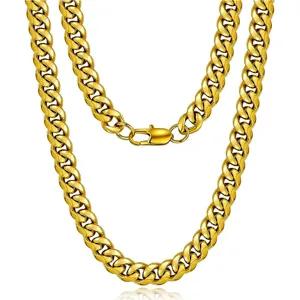 Close-up of gold-plated stainless steel Cuban link chain necklace detail and clasp.