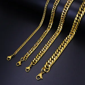 Detailed close-up of gold cuban link chains in various widths with lobster clasps.