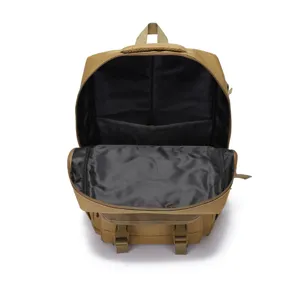 Outdoor tactical backpack detail view showing spacious open main compartment and inner pockets.