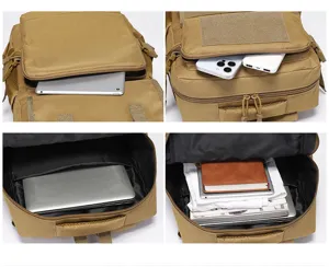 Detailed view of tactical backpack multi-compartment capacity showing storage for devices.
