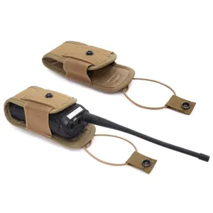 Tactical radio pouch detail showing durable nylon material, Molle webbing, and elastic cord.