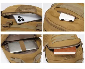 Detail shot of tactical backpack showing multiple compartments, laptop sleeve and storage capacity.