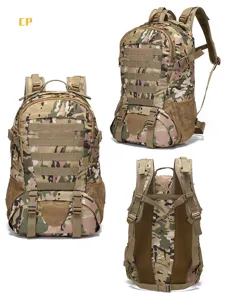 Detail view of tactical camo backpack showing molle webbing, mesh pockets and padded straps.