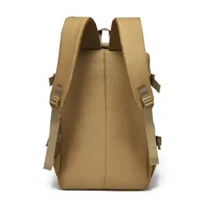 Khaki outdoor tactical backpack back view, durable hiking rucksack for camping travel.