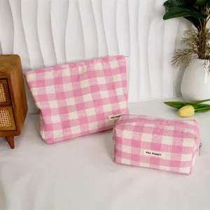 Rosa Und Weiß Karierte Kosmetiktasche Koreanischer Ins-Stil Stoff Aufbewahrungstasche Große Kapazität Mäppchen Tragbare Reise Make-up Organizer Tasche Damen