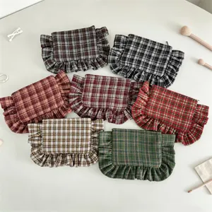 Retro Plaid Ruffle Cosmetic Bag Large Capacity Portable Women Clutch Evening Bag Woolen Fabric Travel Toiletry Makeup Storage Bag