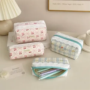 Sweet lace trim pencil case cute cherry bow print storage bag aesthetic makeup pouch