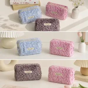 Cute leopard print plush cosmetic bag soft fluffy makeup pouch multi-functional portable travel storage bag.