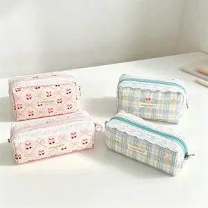 Sweet lace pencil pouch cute cherry bow print cosmetic bag cute storage bag for girls