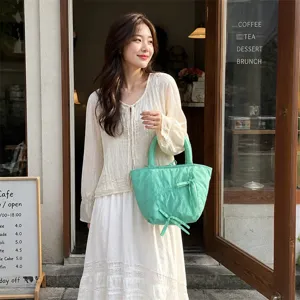 Borsa a mano plissettata verde da donna, elegante borsa da shopping color dopamina con fiocco.