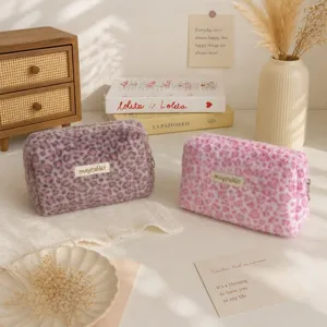 Fluffy leopard print cosmetic bag cute plush makeup pouch versatile portable storage bag