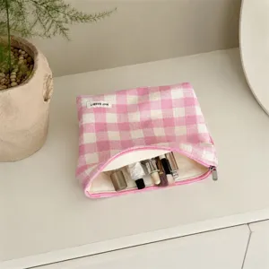 Rosa weiß karierte Kosmetiktasche süße koreanische Stoff Aufbewahrungstasche Make-up Etui