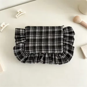 Retro black and white plaid makeup bag with cute ruffles, large capacity cosmetic pouch.