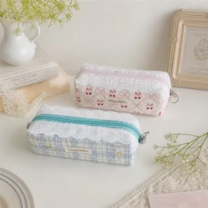 Sweet lace pencil case cute cherry bow print storage bag aesthetic cosmetic bag for girls