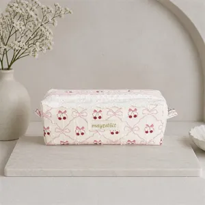 Sweet lace pencil pouch with cute cherry bow print, aesthetic cosmetic makeup storage bag.