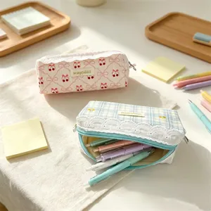 Sweet lace pencil case cute cherry bow print storage bag aesthetic cosmetic pouch