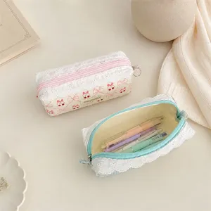 Close-up view of the sweet lace pencil case with cute cherry and bow print, detailed design.