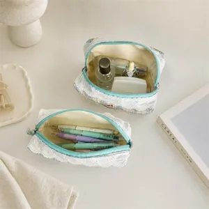 Sweet lace plaid cosmetic bag cute cherry print pencil pouch aesthetic desk storage organizer