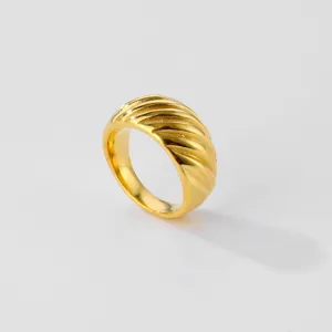 French vintage gold stainless steel wide band ring with diagonal ribbed texture main product view
