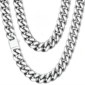Stainless Steel Miami Cuban Link Necklace For Men Hip Hop Chain Necklace Silver Toned Geometric Jewelry Accessories For Daily Wear