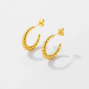 Gold twisted hoop earrings, trendy stainless steel C-shaped ear jewelry for women daily wear.