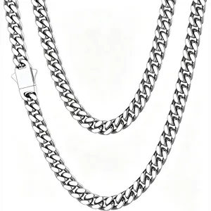 Close-up detail of stainless steel Miami Cuban link chain, featuring secure clasp design.