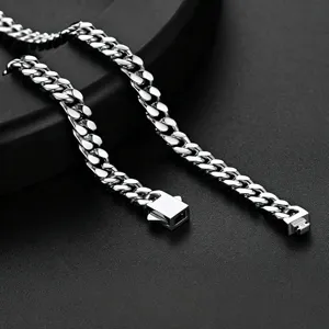 Stainless steel Miami Cuban chain necklace for men, hip hop jewelry detail view.
