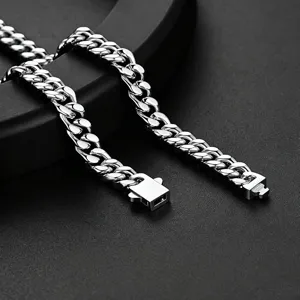 Stainless steel Miami Cuban link chain close-up, durable men's hip hop jewelry necklace detail.