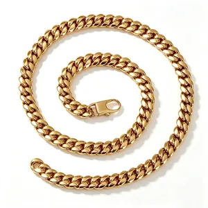 Close-up of gold-plated stainless steel Cuban link chain necklace, polished finish.