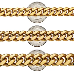 Gold Cuban link chain detail, 18K plated stainless steel mens hip hop necklace size reference.