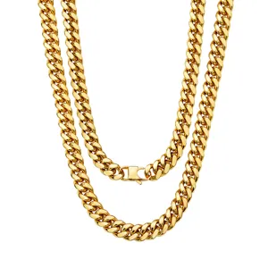 Gold Cuban link chain necklace for men, stainless steel 18K gold plated thick hip hop jewelry details.