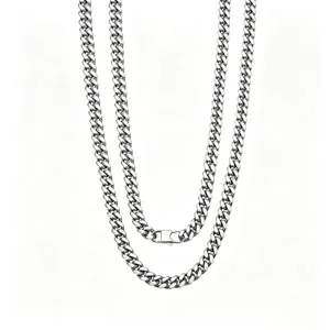 Stainless steel cuban link chain necklace close-up view, silver metallic finish jewelry detail.
