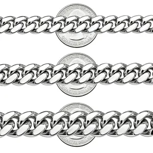 Stainless steel Cuban chain necklace detail showing different thickness sizes with coin reference.