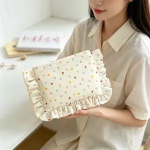 Cotton Ruffled Edge Cosmetic Bag Floral Polka Dot Print Makeup Pouch Large Capacity Zipper Travel Storage Handheld Beauty Organizer For Women