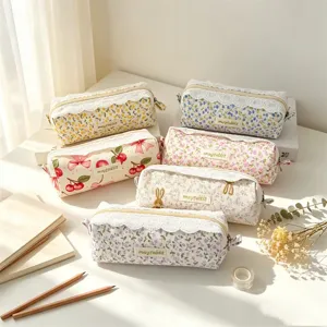 Korean style floral lace pencil pouch, cute fabric stationery organizer for students.