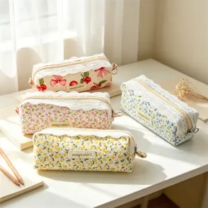 Korean floral lace pencil case, large capacity fabric stationery bag for students and cosmetic use.