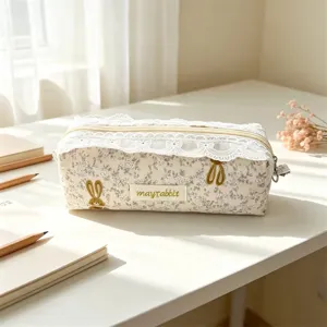 Korean floral lace pencil case, large capacity fabric stationery pouch for student aesthetic use.