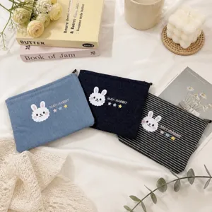 Cute rabbit embroidery canvas pencil case multi-functional coin purse storage bag set