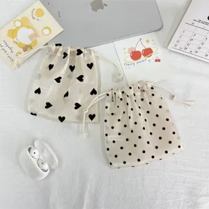 Sheer drawstring storage bags cute heart polka dot mesh pouches portable organizer bag