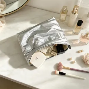 Borsa cosmetica impermeabile lucida in argento grande capacità astuccio per trucco