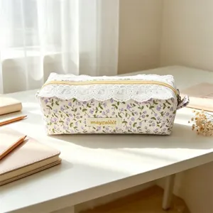 Korean style floral lace pencil pouch detail view, showing cute aesthetic canvas makeup bag design.